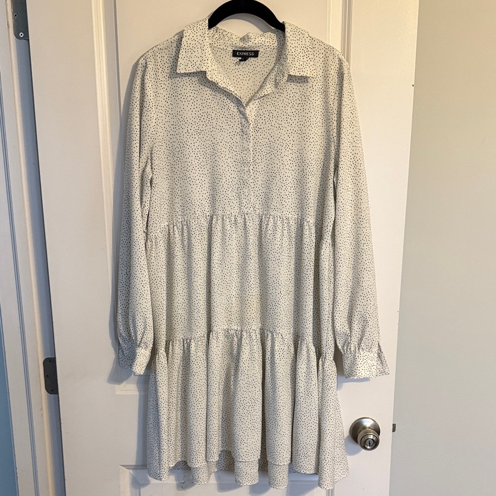 Express White Tiered Shirt Dress with Black Micro Dot Print
